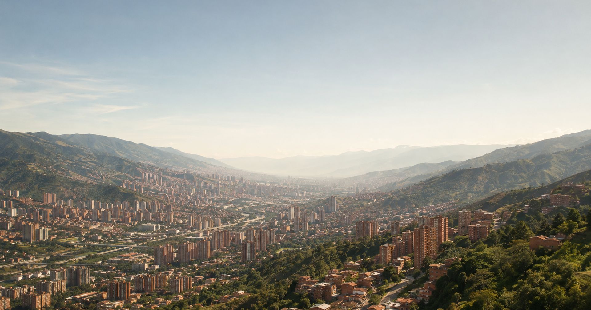 The Medellín valley seen from the eastern hillside, brick residential towers filling the floor of the Aburrá valley.